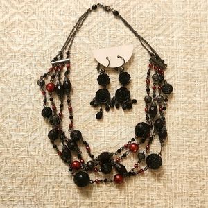 Black and Red Multi-strand Necklace and Earrings Set